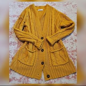 Cozy Mustard Cable Knit Cardigan Sweater